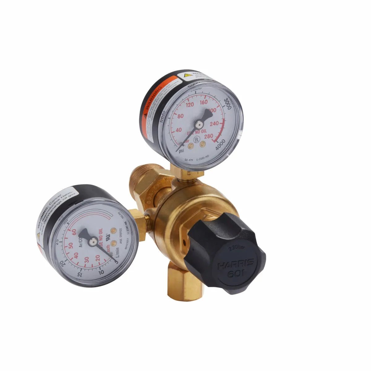 A brass pressure regulator with dual round gauges (psi/bar), black rings, and clear glass faces, featuring a “HARRIS 601” black adjustment knob. Perfect for MIG welding or use with the Lincoln MIG Conversion Kit K610-2. Isolated on white background.