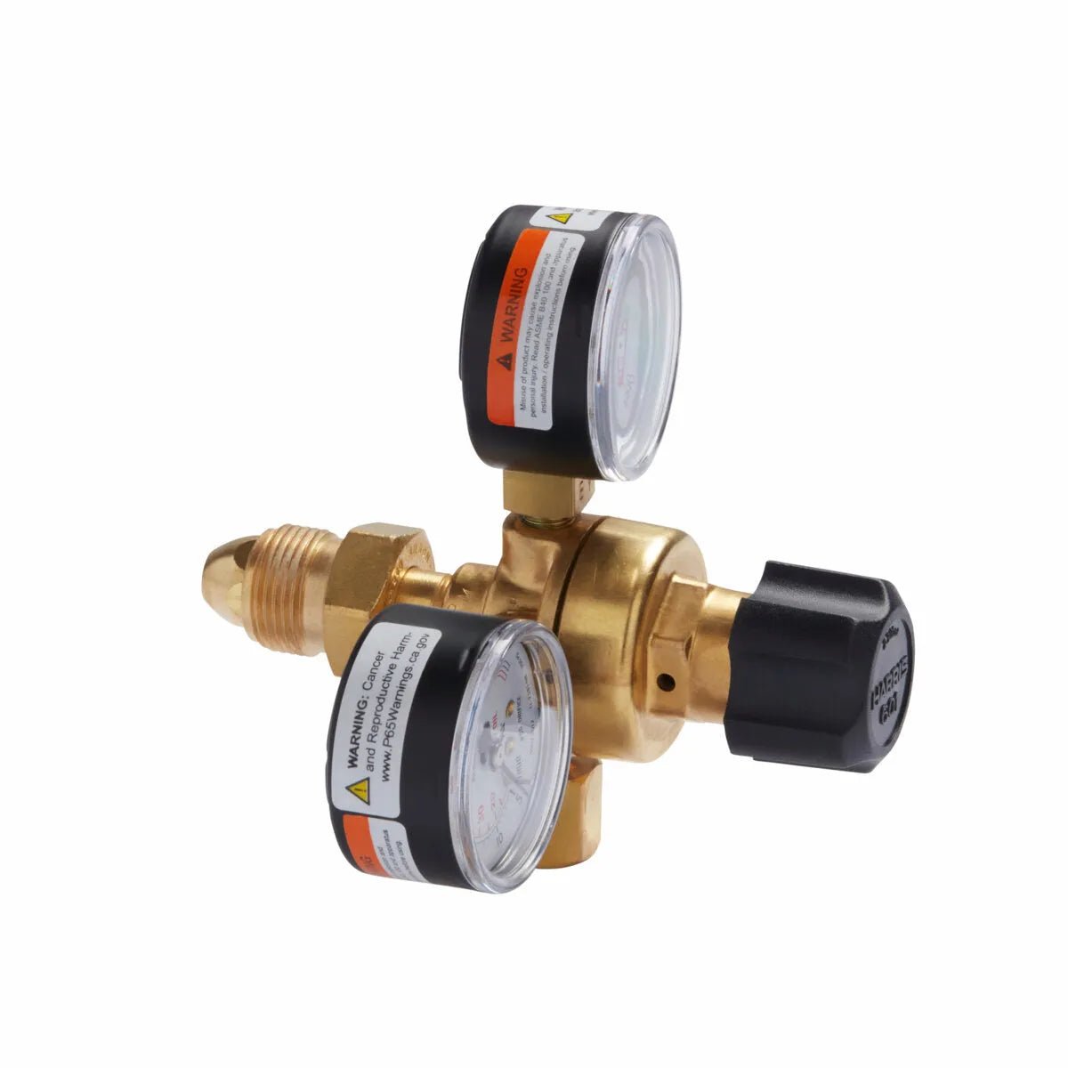 The Lincoln MIG Conversion Kit K610-2 includes a brass gas regulator for MIG welding, featuring two black-rimmed gauges with orange and white warning labels, a threaded fitting, and a large black adjustment knob.