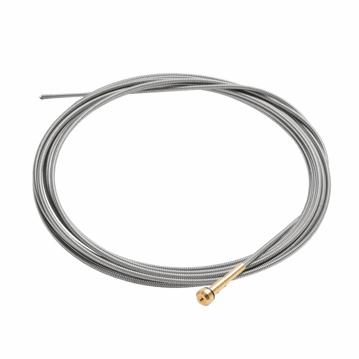 A coiled silver metal wire with a brass-colored tip, arranged in a circle on a white background, resembling the type included in the Lincoln MIG Conversion Kit K610-2.