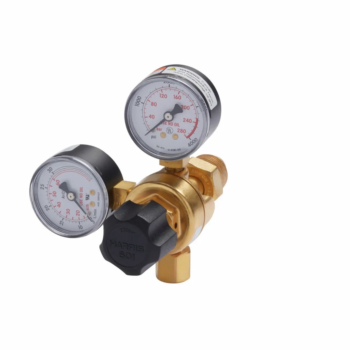 The Lincoln MIG Conversion Kit K610-2 includes a brass gas regulator with dual pressure gauges and a black HARRIS 601 knob, designed for MIG welding setups. Threaded connectors ensure an easy fit to gas cylinders.