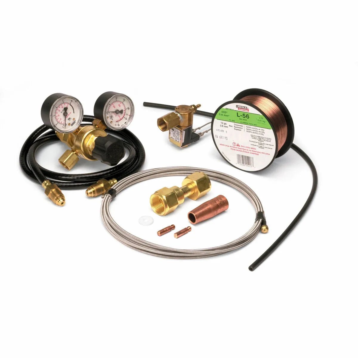 The Lincoln MIG Conversion Kit K610-2 includes two pressure gauges, a spool of copper wire, brass fittings, a copper nozzle, cables, and small copper tips—essential components for MIG welding and gas regulation.