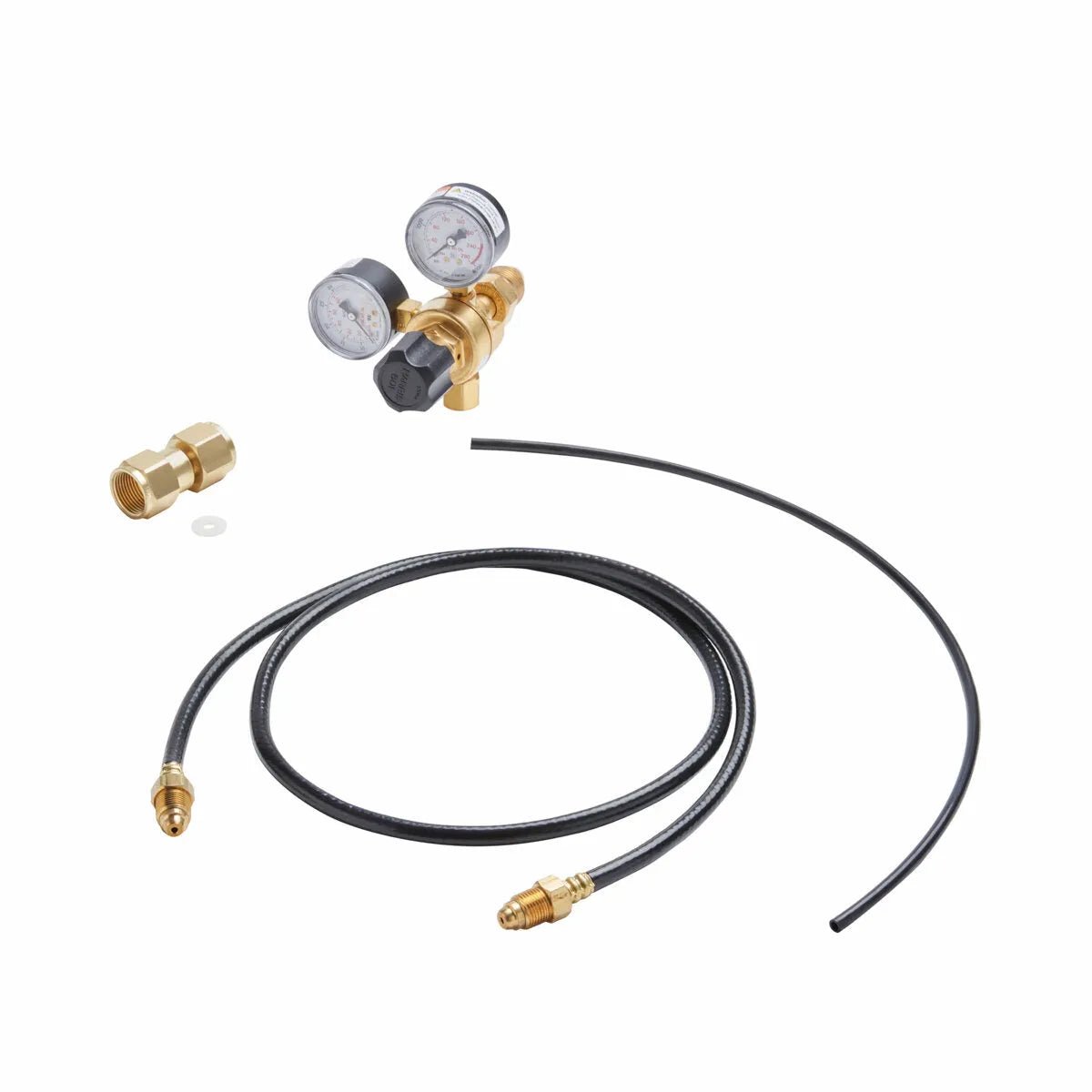 A CO2 regulator kit for MIG welding, with dual pressure gauges, brass fittings, flexible hose and connectors—perfect for use with the Lincoln MIG Conversion Kit K610-2.