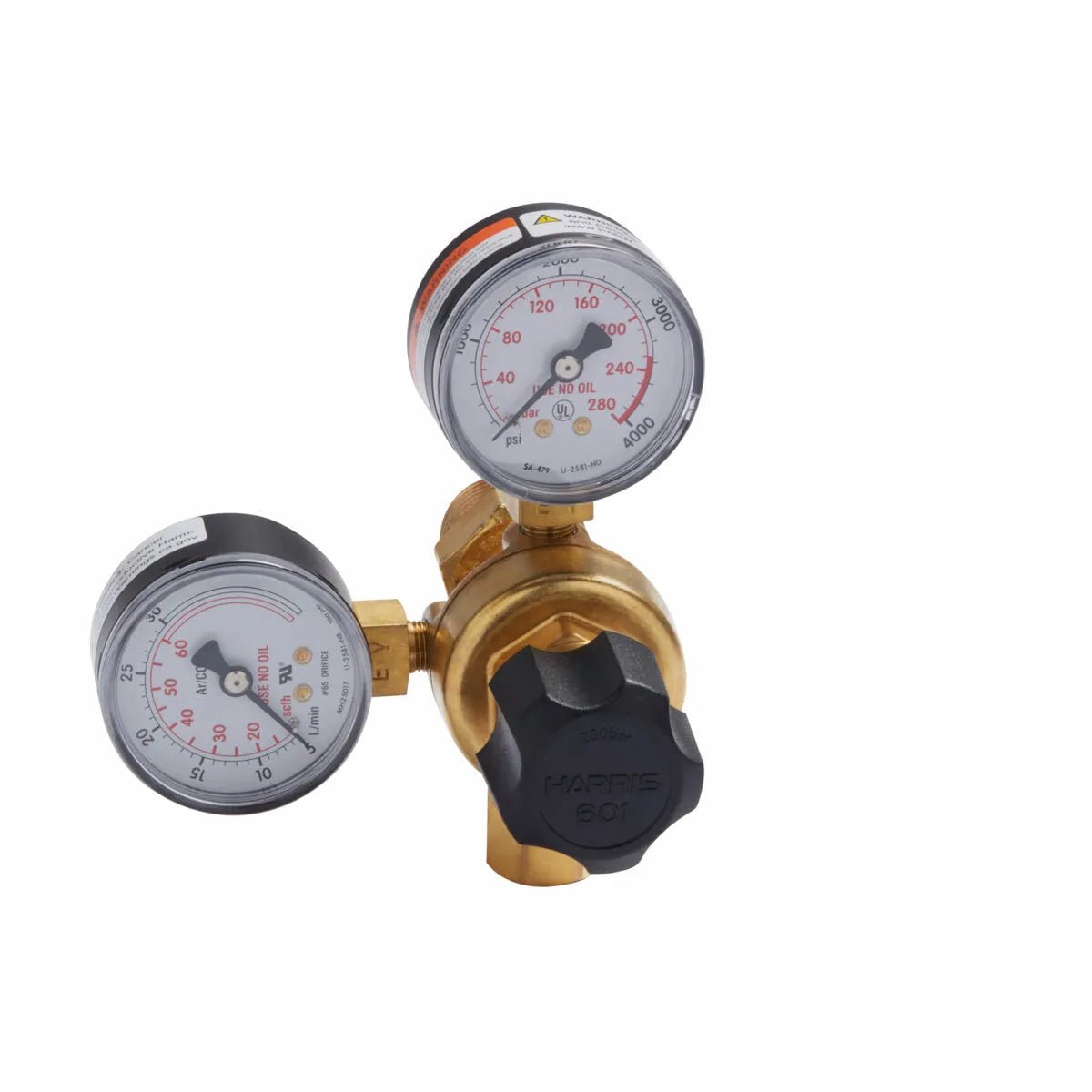 A brass gas pressure regulator for MIG welding features two round red-and-black gauges and a black “HARRIS 601” adjustment knob. It is compatible with the Lincoln MIG Conversion Kit K610-2 and shown against a white background.