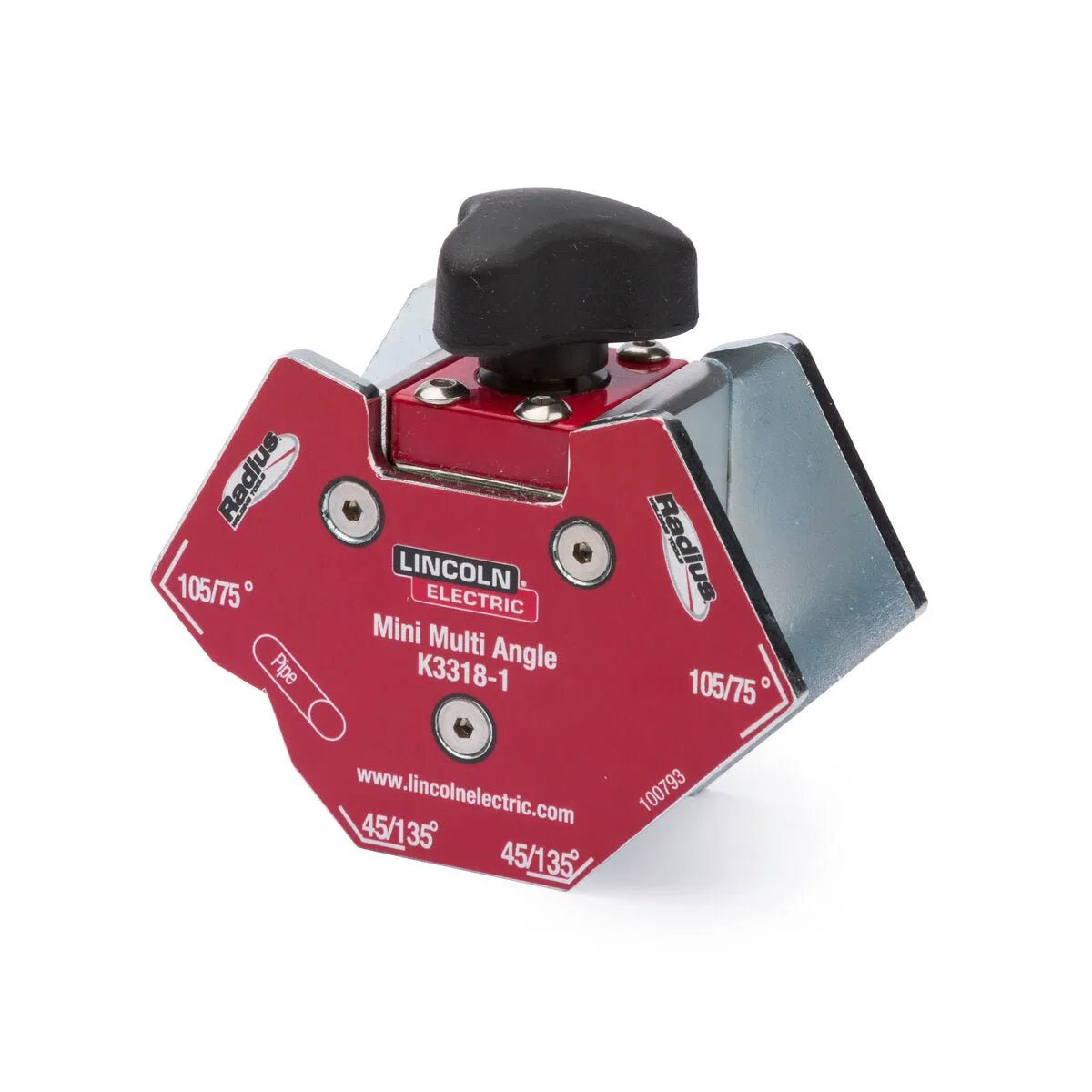 The Lincoln Mini Multi Angle Magnetic Fixture K3318-1 features red and silver coloring, a black knob, and angle markings (45/135°, 105/75°) for precise alignment of small steel parts in metalworking and welding.