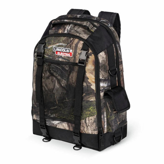 Lincoln Electric Mossy Oak Welders Backpack K5273-1, camo design, mesh pocket, perfect for PPE or welding helmet storage.