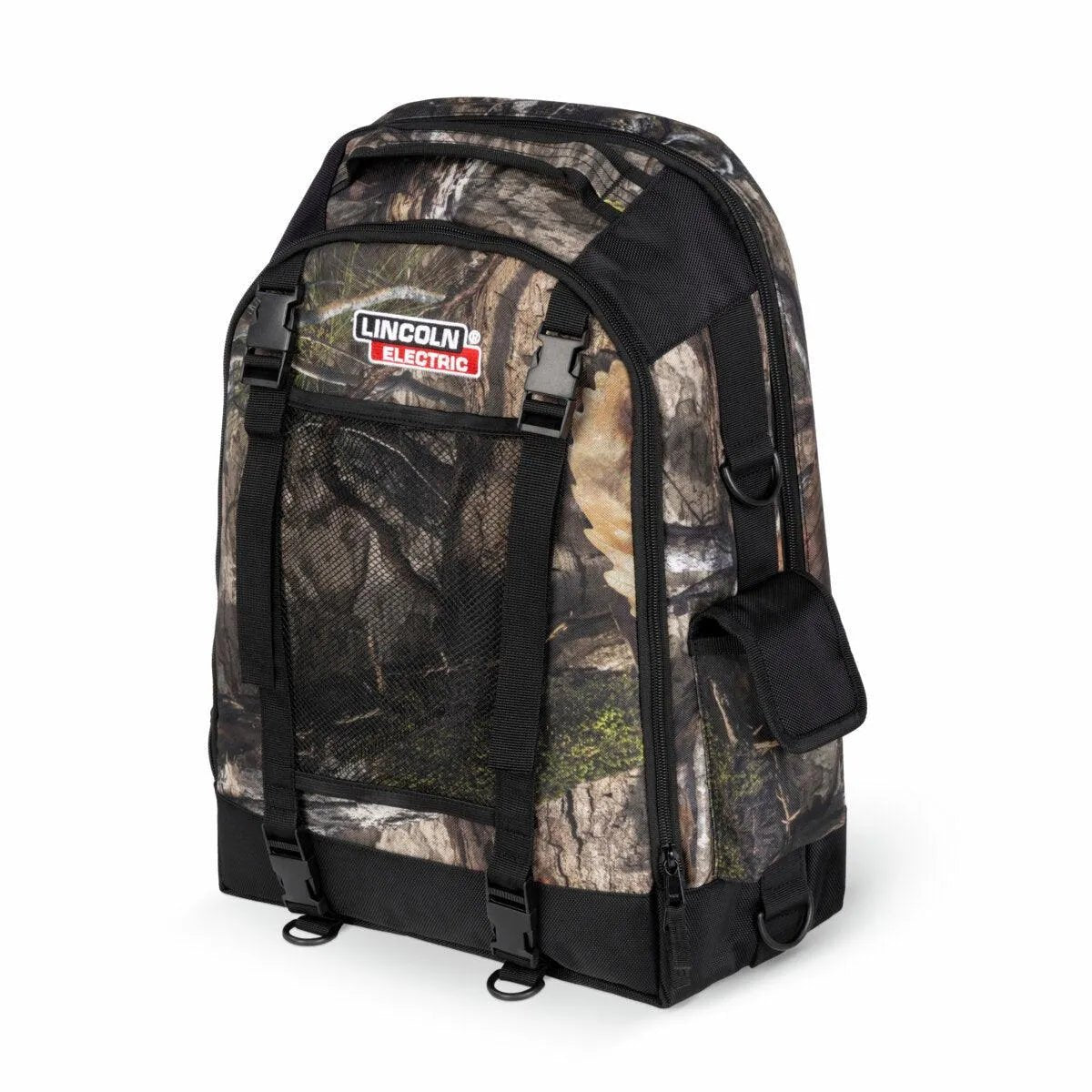 Lincoln Mossy Oak camo welders backpack K5273-1 with helmet storage, mesh pocket, tool pouches, and Lincoln Electric logo.