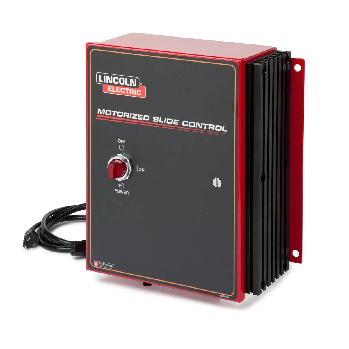 A black and red Lincoln MS Motorized Slide Control Unit K52025-1 for welding systems, featuring a power switch, indicator light, cord, front panel with model name, large rotary knob, and right-side vertical cooling fins.