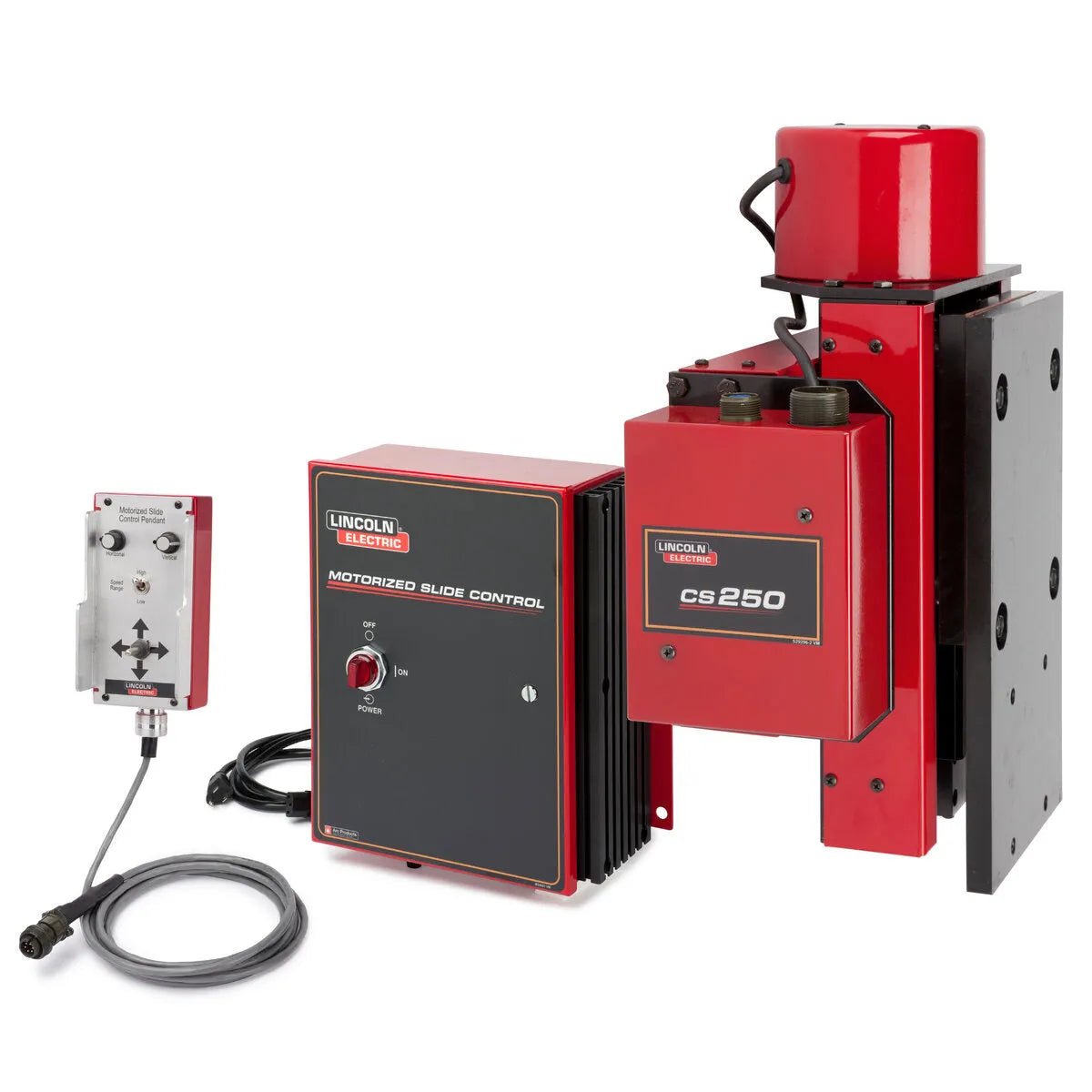 The Lincoln MS250 5 x 5 Motorized Slide System One-Pak K52009-0505 includes a red and black CS250 slide mounted vertically with cables, a Motorized Slide Control box, and a handheld remote for precise torch positioning.