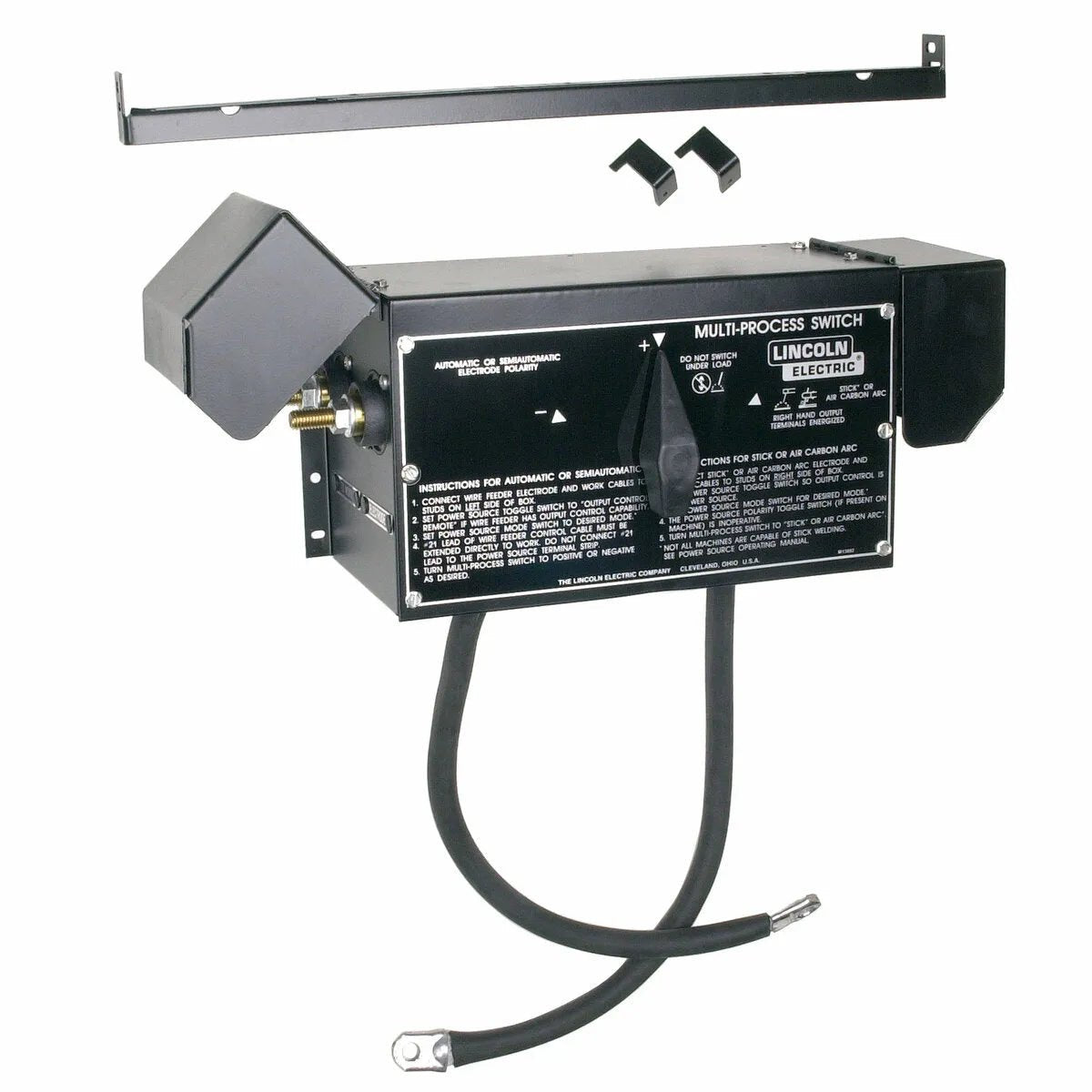 The Lincoln Multi-Process Switch K804-1 is a black, rectangular unit with printed instructions, warning labels, two welding cables, a control box, a bracket, and two mounting clips displayed above the switch.