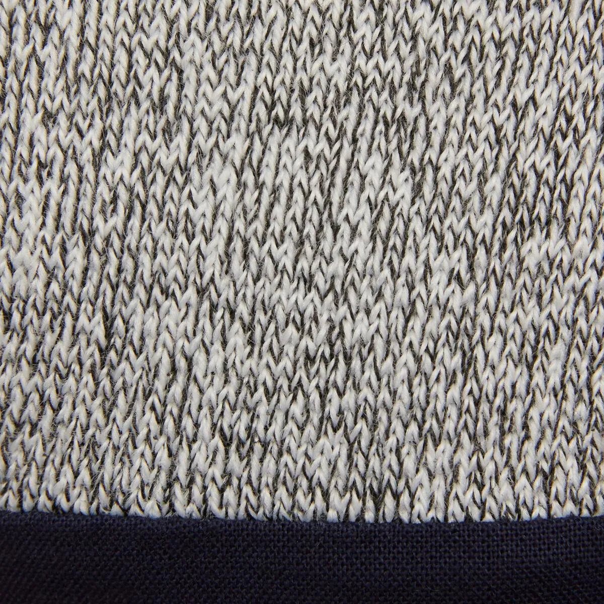 Close-up of the Lincoln MX Series Premium A4 Cut Resistant MIG Gloves (L K5131-L) shows a white and gray marled knit pattern with zigzag texture and contrasting Kevlar stitching on a solid dark blue, denser band at the edge.
