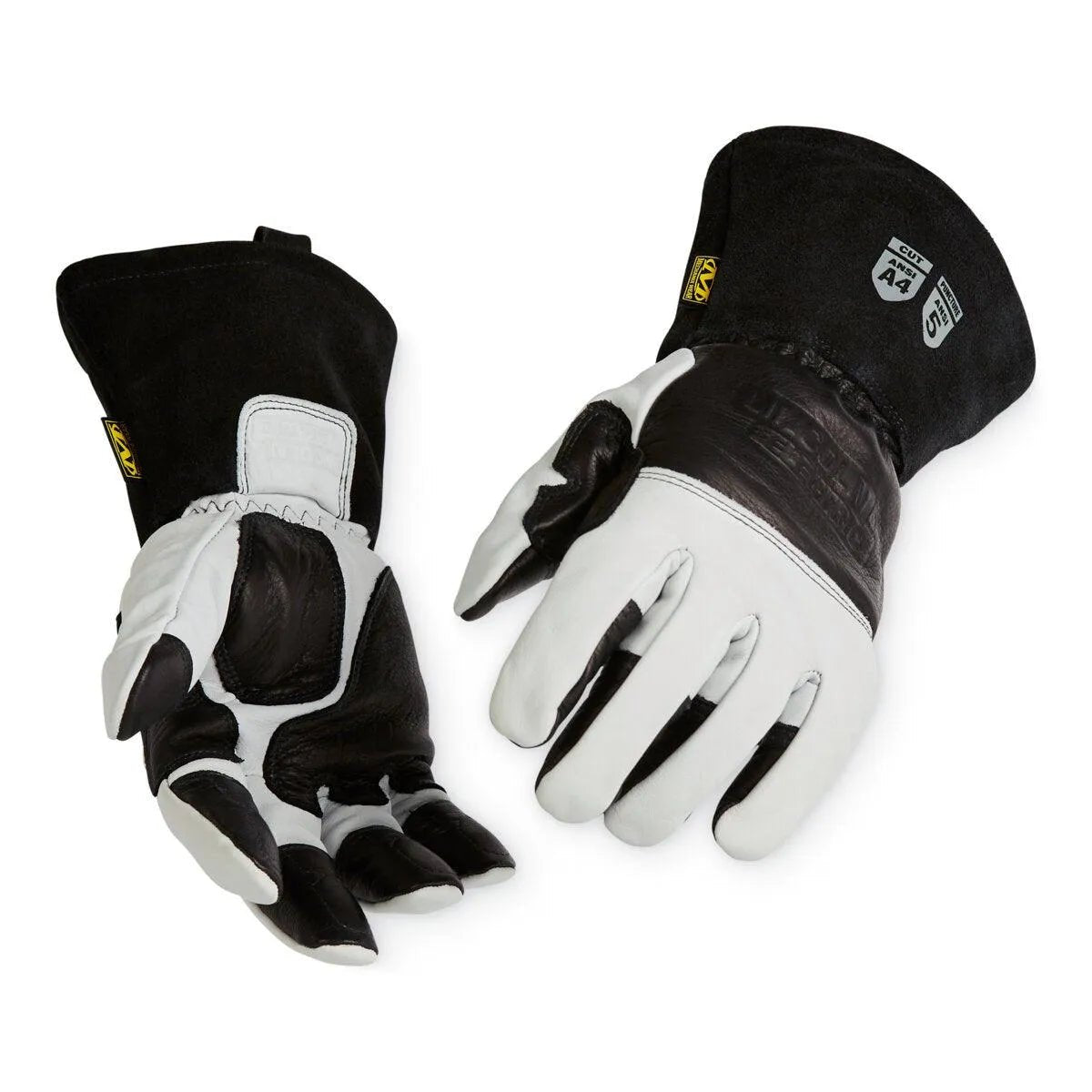 Two Lincoln MX Series Premium A4 Cut Resistant MIG Gloves (K5131-M) are shown, with black leather palms/fingers and white leather tops. The cuffs have certification labels for ANSI Level A4 cut resistance, ideal for industrial safety use.