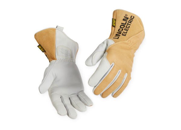 The Lincoln MX Series Premium TIG Welding Gloves 2XL K5132-2XL feature a light brown suede back, white top grain cowhide palm, thumb and forefinger, split leather cowhide gauntlet cuffs, Kevlar stitching, and black LINCOLN ELECTRIC branding.