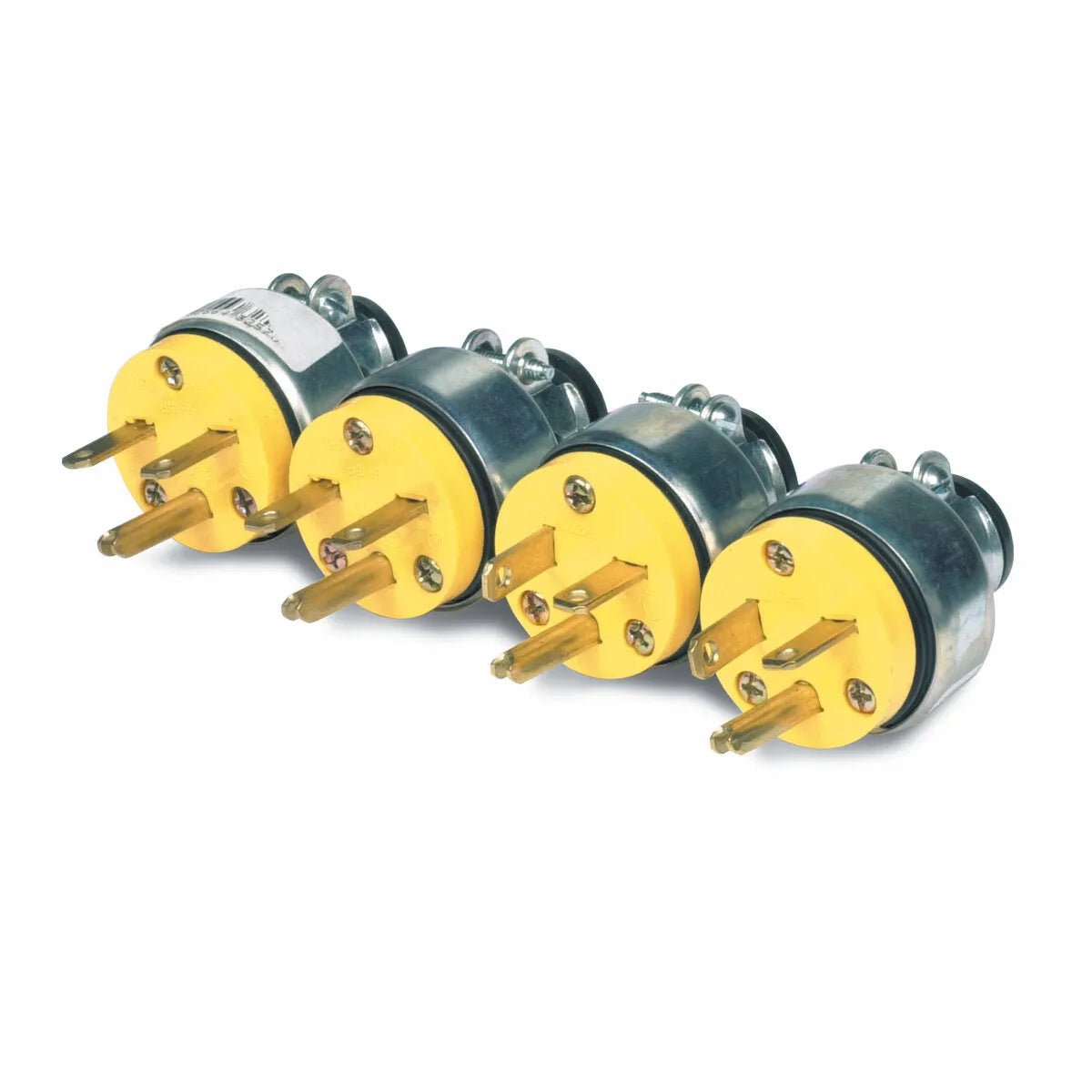Four yellow and silver industrial electrical plugs, including a NEMA 5-20 plug, with three prongs each are lined up diagonally on a white background.