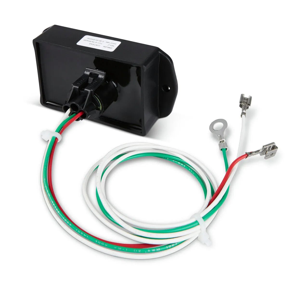 The Lincoln NEXTime Wireless Module Installation Kit K4447-1 is a black rectangular module with a connector and three wires (white, red, green) ending in metal terminals and a ring terminal. Includes a white label—ideal for Ranger welder/generator maintenance.