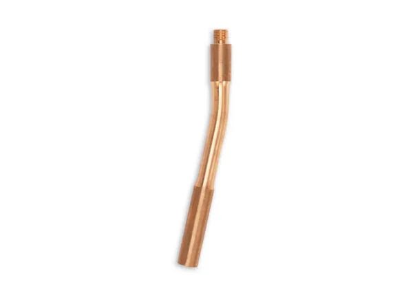 The Lincoln Nozzle Extension, 12° Curved, Standard (KP5165-12) features a bent copper design with a threaded upper end and a slightly wider angled tip, shown isolated on a white background.