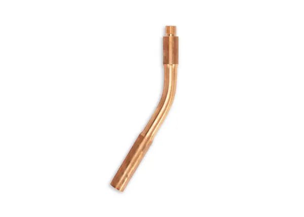 The Lincoln Nozzle Extension, 30° Curved, Standard (KP5165-30) is a copper-toned, slightly curved nozzle with a threaded top and smooth cylindrical tip, designed for use with specific torches, shown against a plain white background.