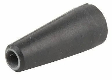 A black, cone-shaped rubber object with a smooth matte finish resembles the Lincoln Gasless Flux Cored Nozzle KH836, featuring a hollow center that widens at one end and narrows at the other.