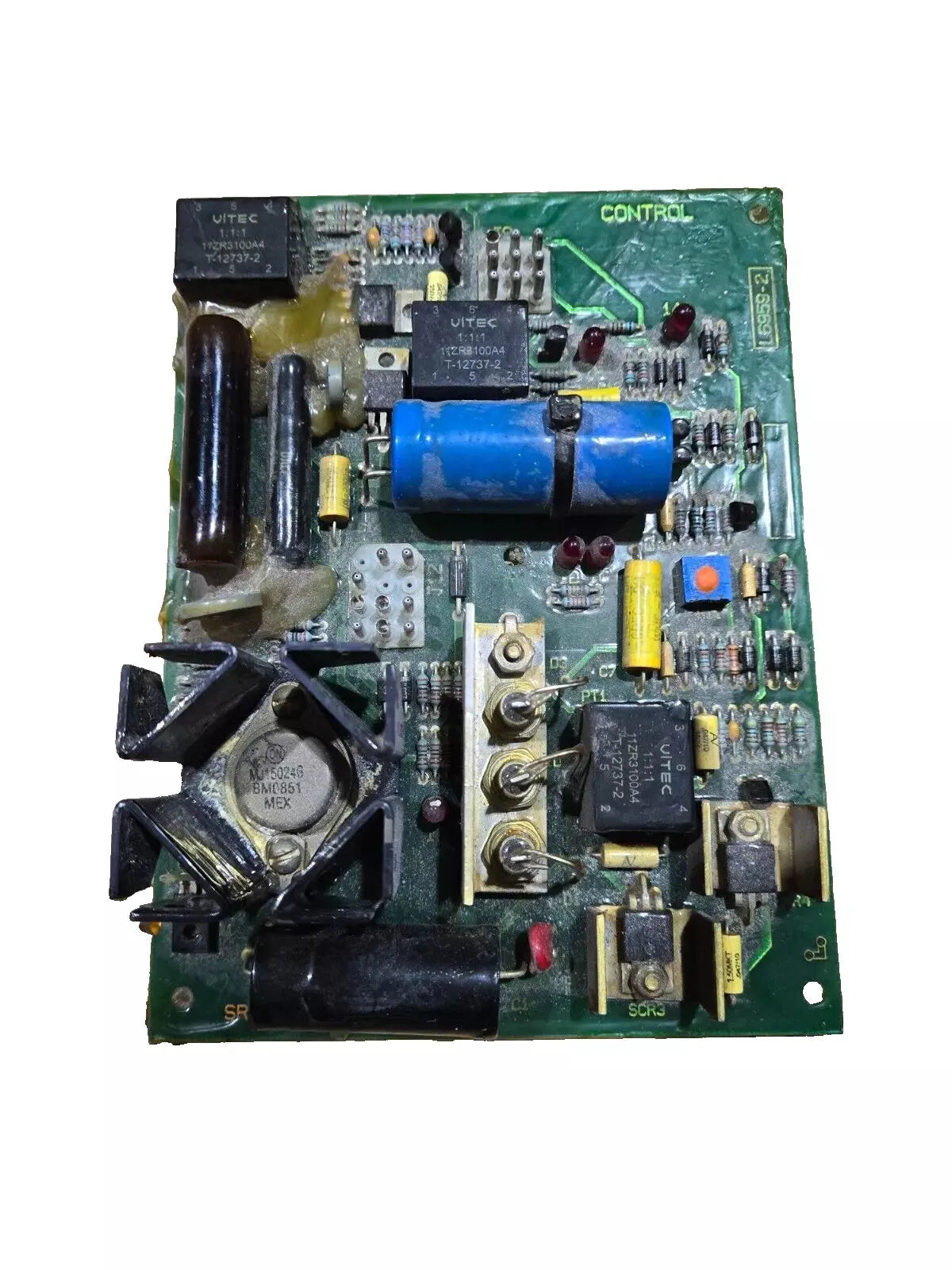 Lincoln Control PC Board L6959-2 for welding machines, OEM replacement with capacitors, relays, connectors; green circuit board.