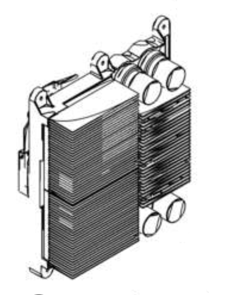 Black and white line drawing of a heat exchanger with stacked horizontal plates and pipe connections on the right, ideal for use in Lincoln OEM Power Conversion Assembly G10012-1 (9SG10012-1).