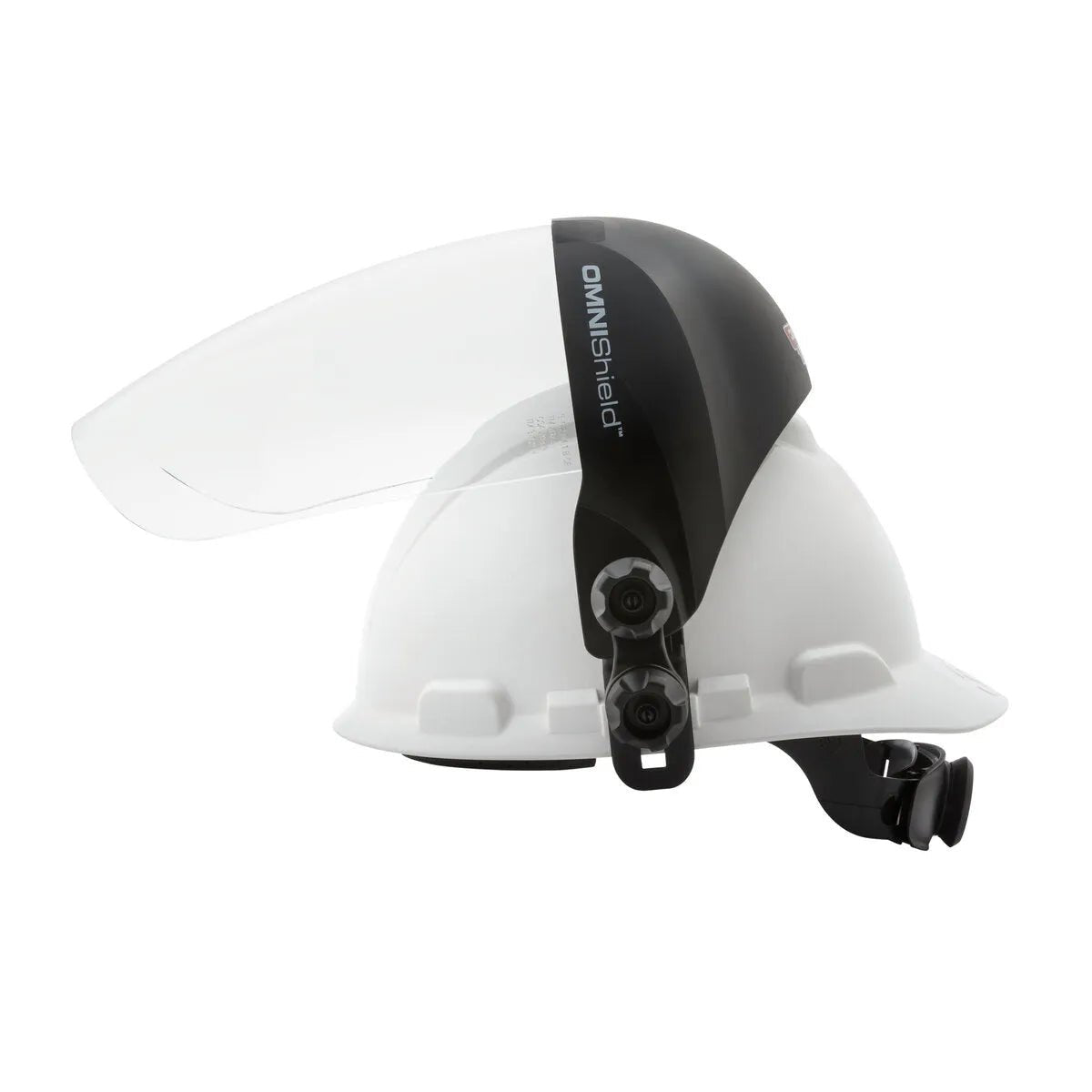 Lincoln OMNIShield Clear Face Shield K3752-1 on white hard hat, ANSI Z87.1 welding helmet, adjustable strap, side hardware visible.