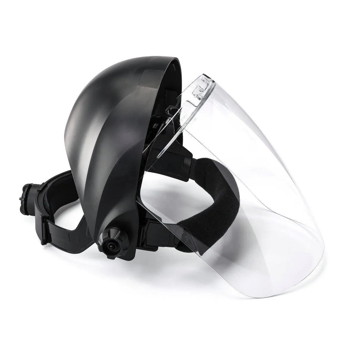 Lincoln OMNIShield Clear Face Shield K3750-1 with black adjustable headband, clear lens, lift visor—welding PPE for impact protection.
