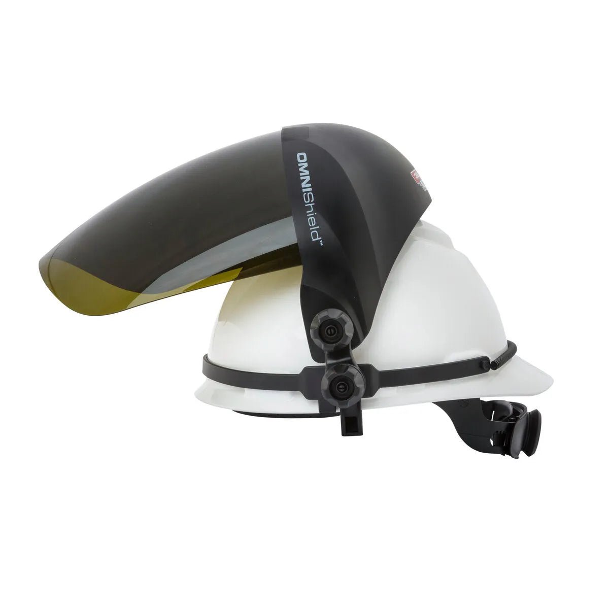 Lincoln OMNIShield Face Shield Shade 3 IR/UV K3753-1 hard hat, side view, enhanced impact protection, welding safety gear.