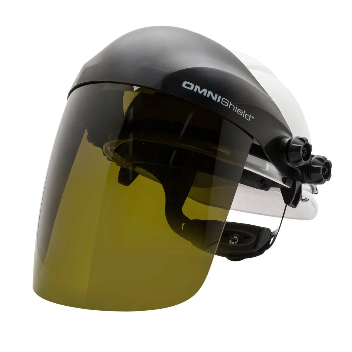 Lincoln OMNIShield Halo KP3762-1 welding hard hat with black adapter, yellow visor, and adjustable face shield for welders.