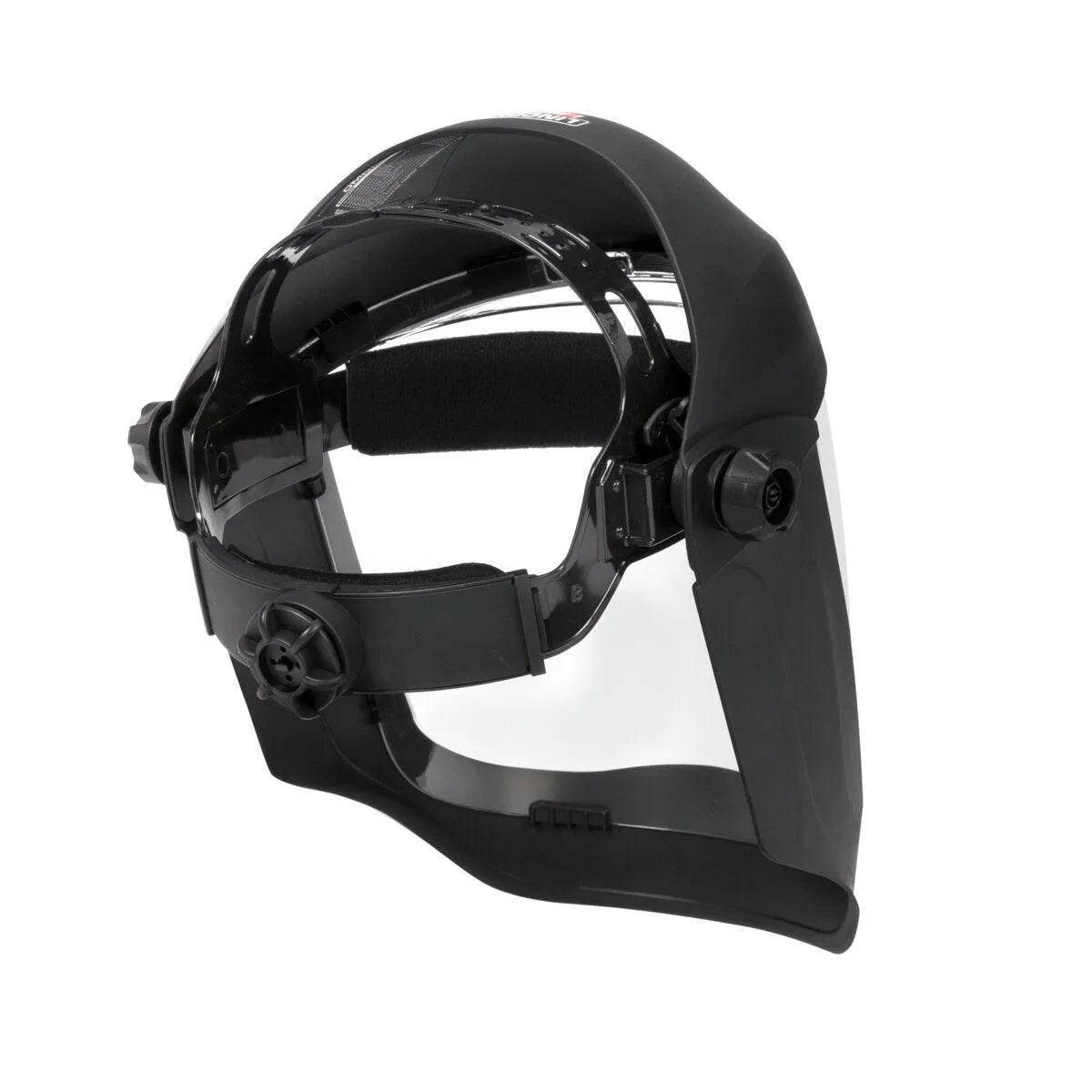 Lincoln OMNIShield XC Welding Face Shield K3752-2 with adjustable headband, clear visor, and chin guard for workshop safety.