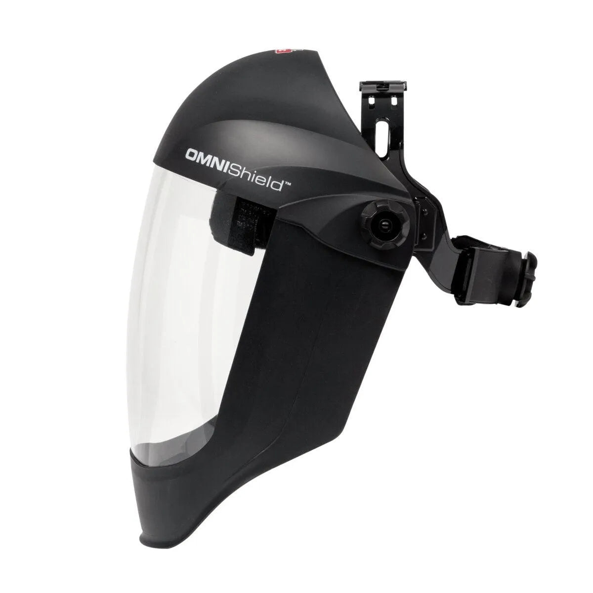 Lincoln OMNIShield XC Welding Face Shield with chin guard, clear impact visor, and adjustable headgear for workshop safety.