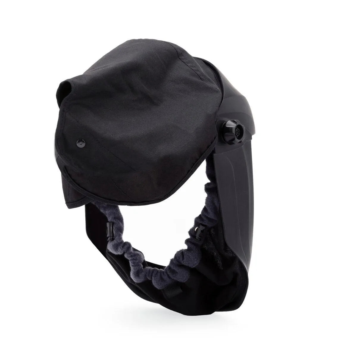 Lincoln OMNIShield XC PAPR K5323-2 welding helmet with backpack mount, foldable, black, side view on white, safety face shield.