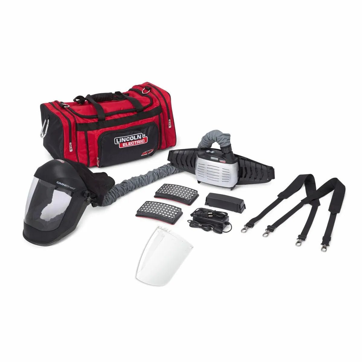 Lincoln OMNIShield XC PAPR K5323-1 welding respirator with belt mount, face shield, filters, batteries, hose, and carry bag.