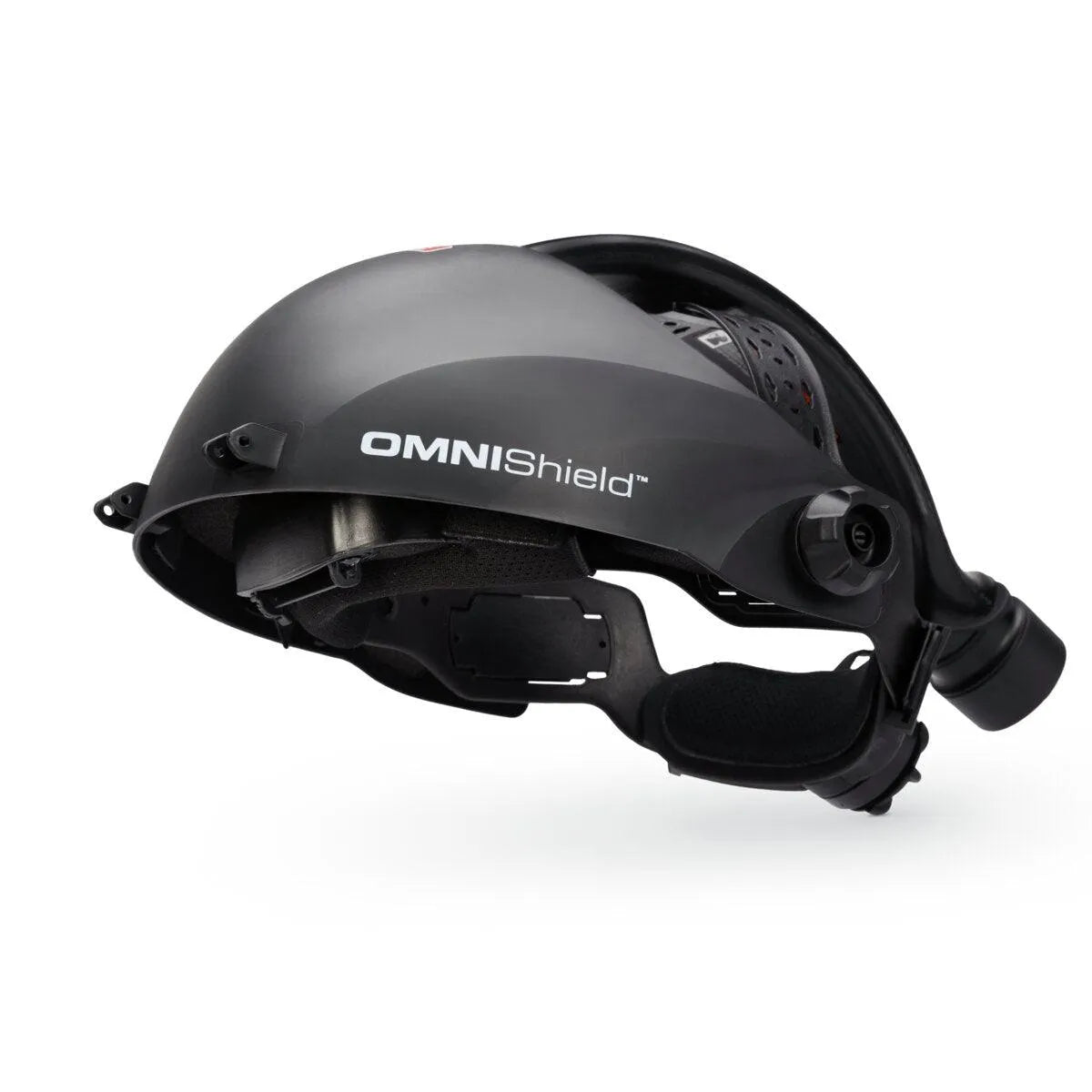 Lincoln OMNIShield XCF PAPR Flip-Up Headpiece KP5328-1 welding helmet with clear visor and adjustable headband on white background.