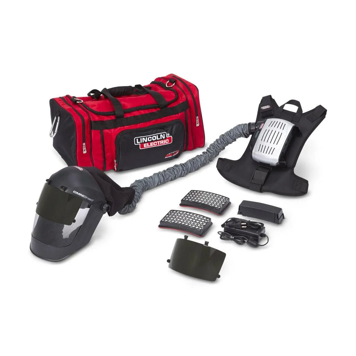 Lincoln OMNIShield XCF PAPR K5324-2 welding respirator kit with backpack, mask, face shield, red-black bag, and accessories.