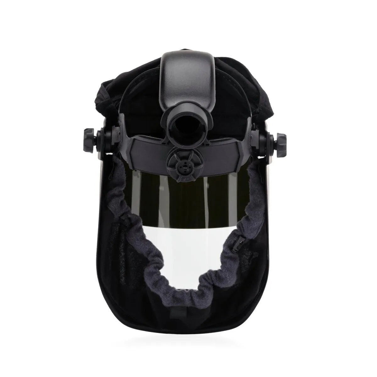 Lincoln OMNIShield XCF PAPR K5324-2 welding respirator with clear visor, backpack mount, and headgear, white background.