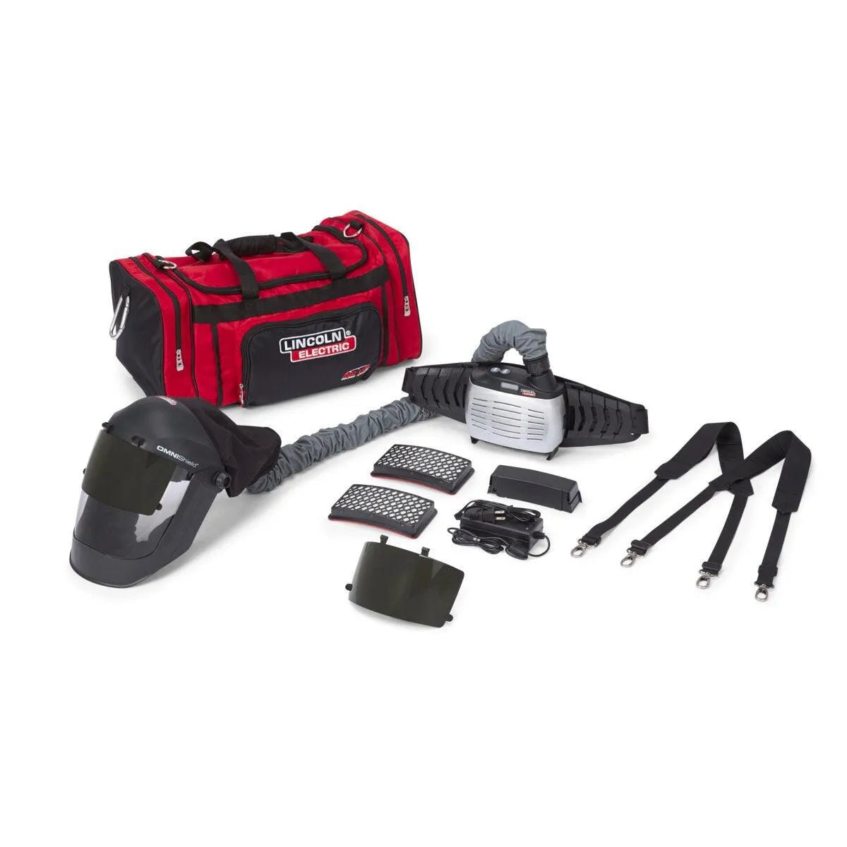 Lincoln OMNIShield XCF PAPR K5324-1 belt mount welding helmet, filters, visor, tool bag & accessories on white background.