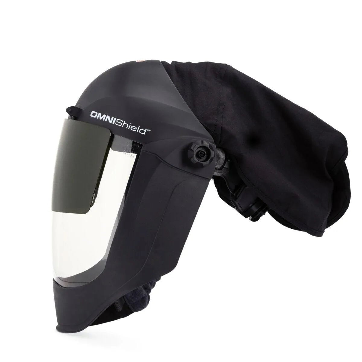 Lincoln OMNIShield XCF PAPR K5324-1 welding face shield with clear visor and fabric hood for full head respiratory protection.