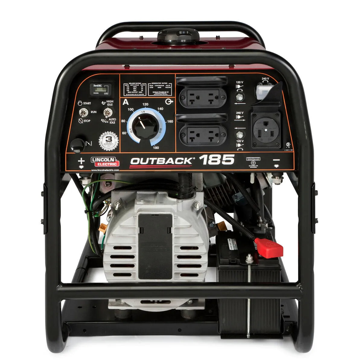 Lincoln Outback 185 Engine Driven Welder Kohler K2706-2 with outlets, switches, in a rugged frame for DC stick welding power.
