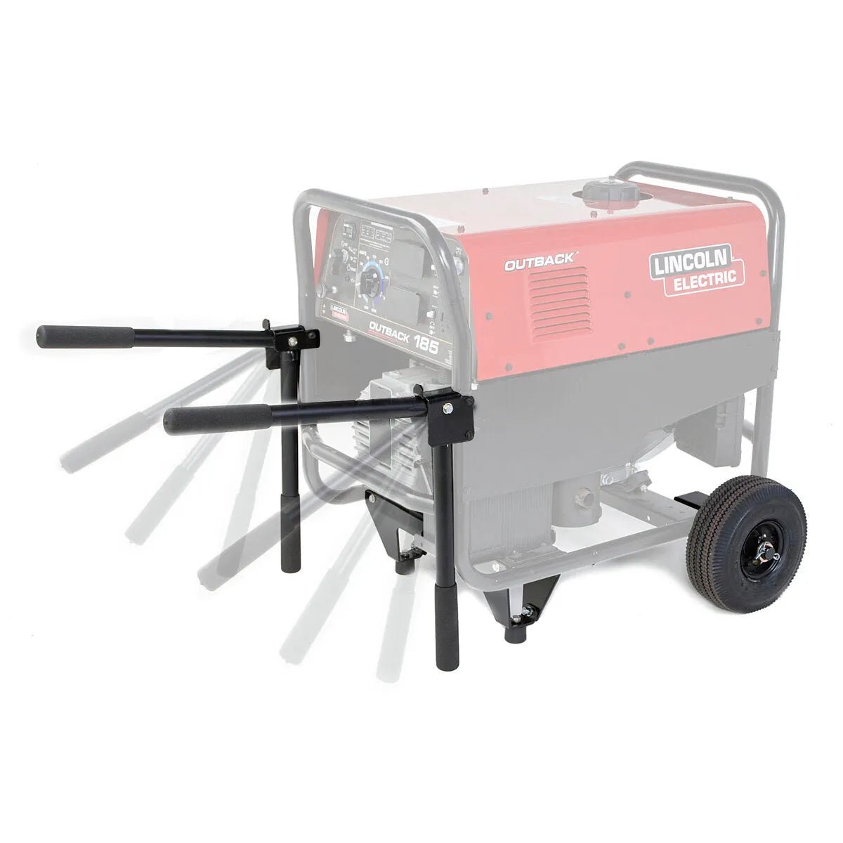 A red Lincoln Electric Outback 185 portable generator with Outback Tube Frame Undercarriage and heavy-duty pneumatic tires, featuring wheels and adjustable black handles shown in multiple extended positions to demonstrate range of motion.