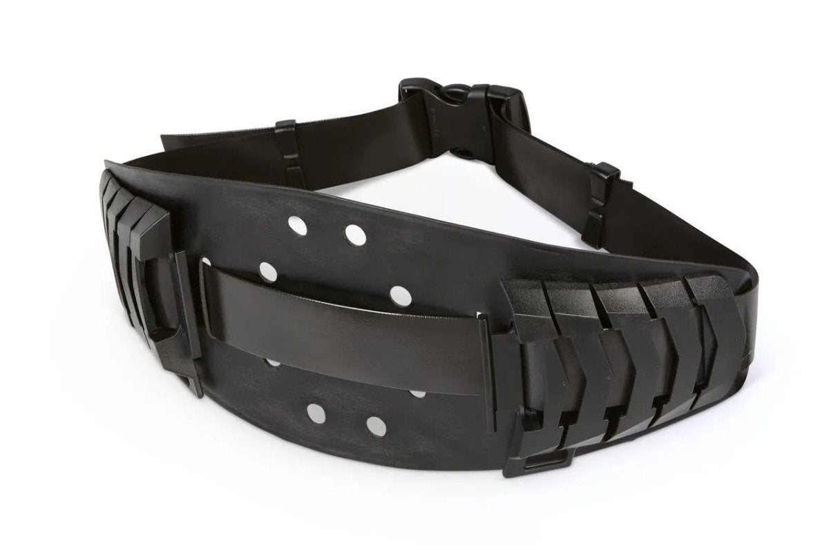 Lincoln PAPR HE Adjustable Belt KP4889-1 for welding respirators, black with compartments, buckle, and silver eyelets on white.