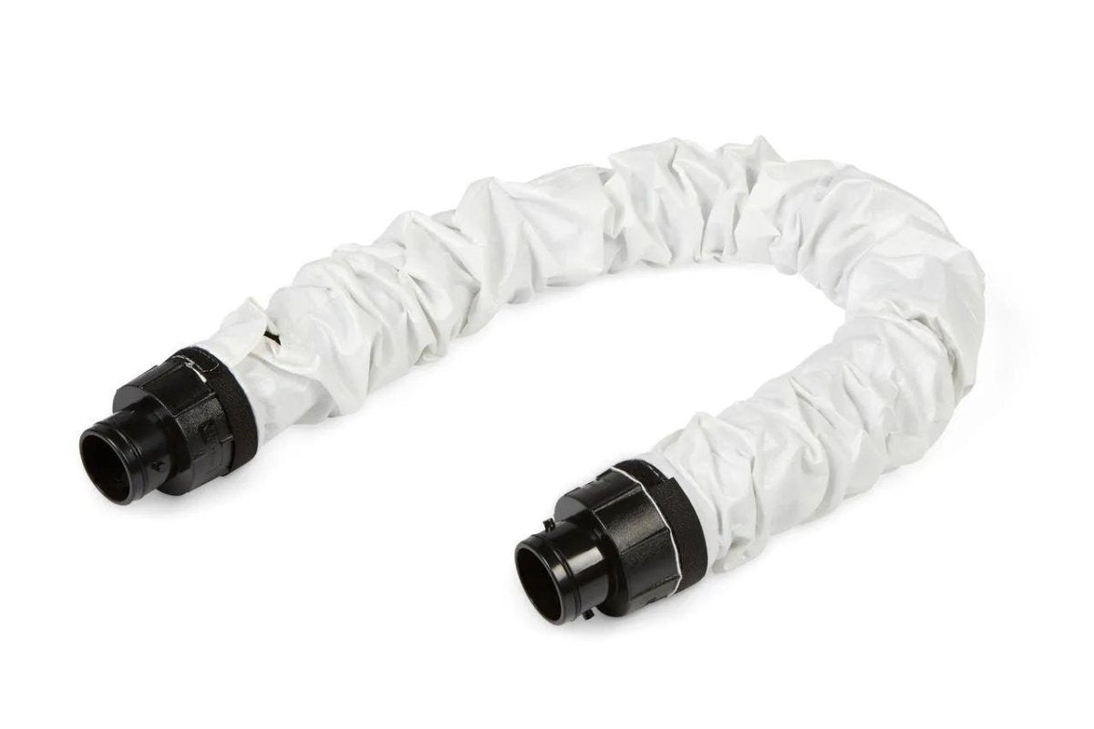 Lincoln PAPR HE Air Hose Assembly KP4888-1 for welding, flexible corrugated hose with black connectors, U-shape on white.