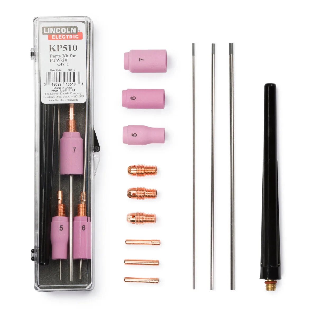The Lincoln Parts Kit for 20H-320 and PTW-20 TIG Torches KP510 features four pink ceramic cups, three tungsten rods, a collet body, four copper collets, and three gas lenses beside a clear storage case.