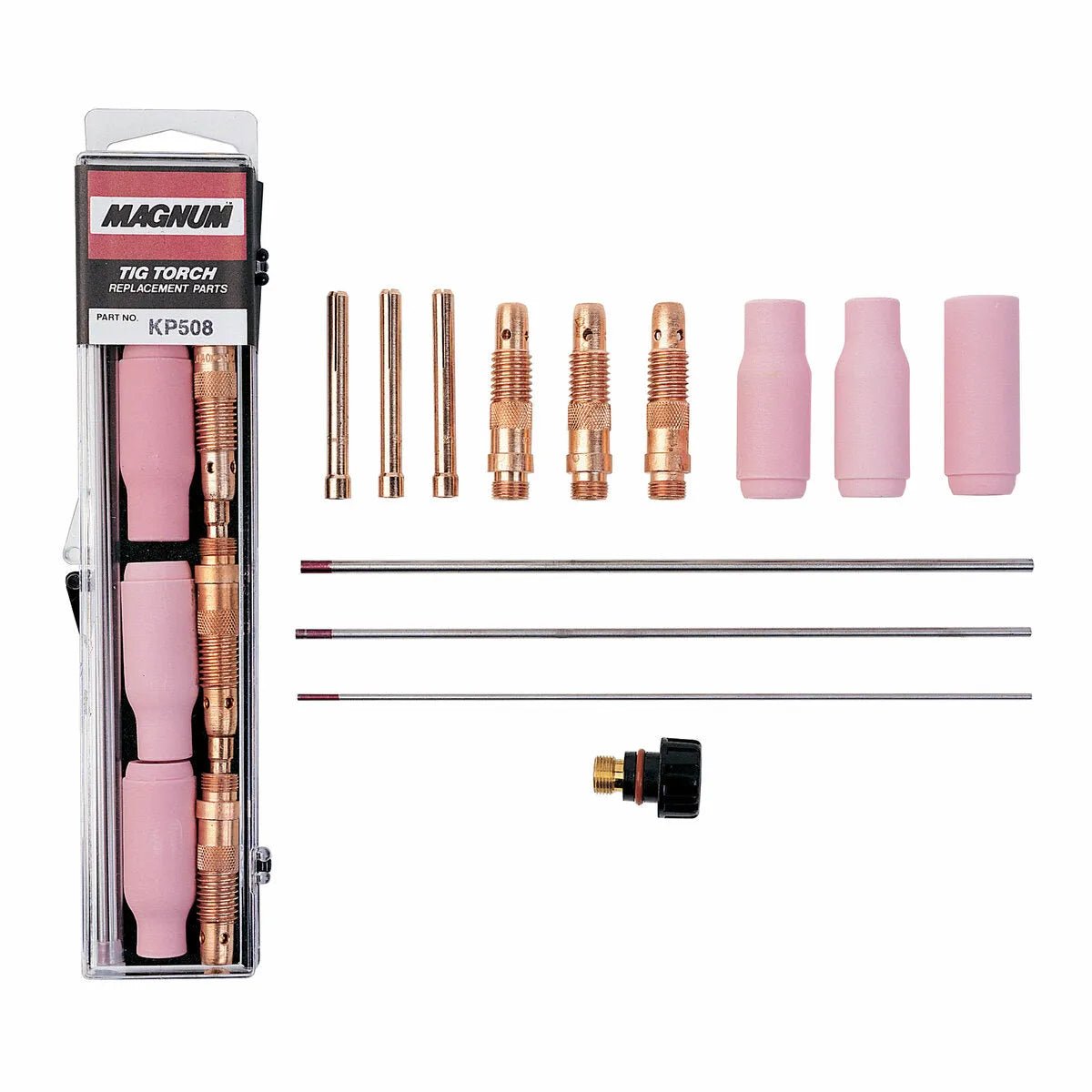 The Lincoln Parts Kit for PTA-17 TIG Torch KP508 includes copper and pink ceramic components, four metal rods, a black knob, and connectors, neatly arranged beside a clear case labeled “MAGNUM TIG TORCH REPLACEMENT PARTS.”.
