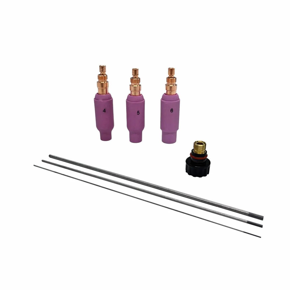Three pink ceramic cups (sizes 4, 5, 6) with copper fittings stand upright. Below are two tungsten rods and a gas lens collet body—key components in the Lincoln Parts Kit for PTA-17 TIG Torch KP508—shown on a white background.