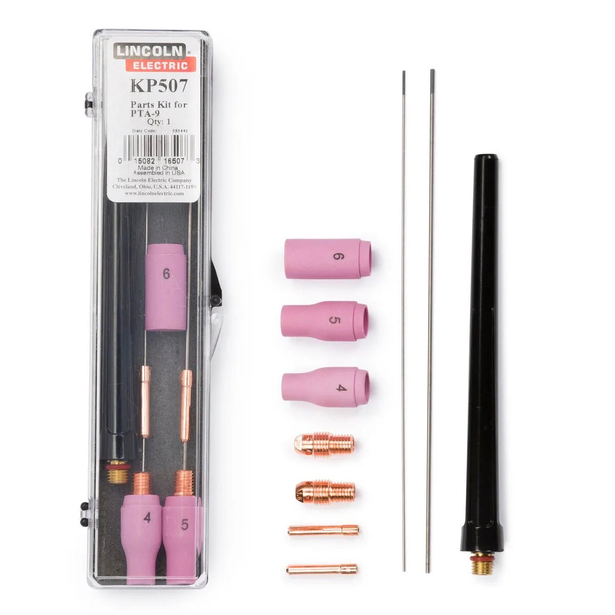The Lincoln Parts Kit for PTA-9 TIG Torch KP507 includes two pink ceramic cups labeled 4, one each labeled 5 and 6, two copper collets, two collet bodies, metal rods, and a black torch backcap.