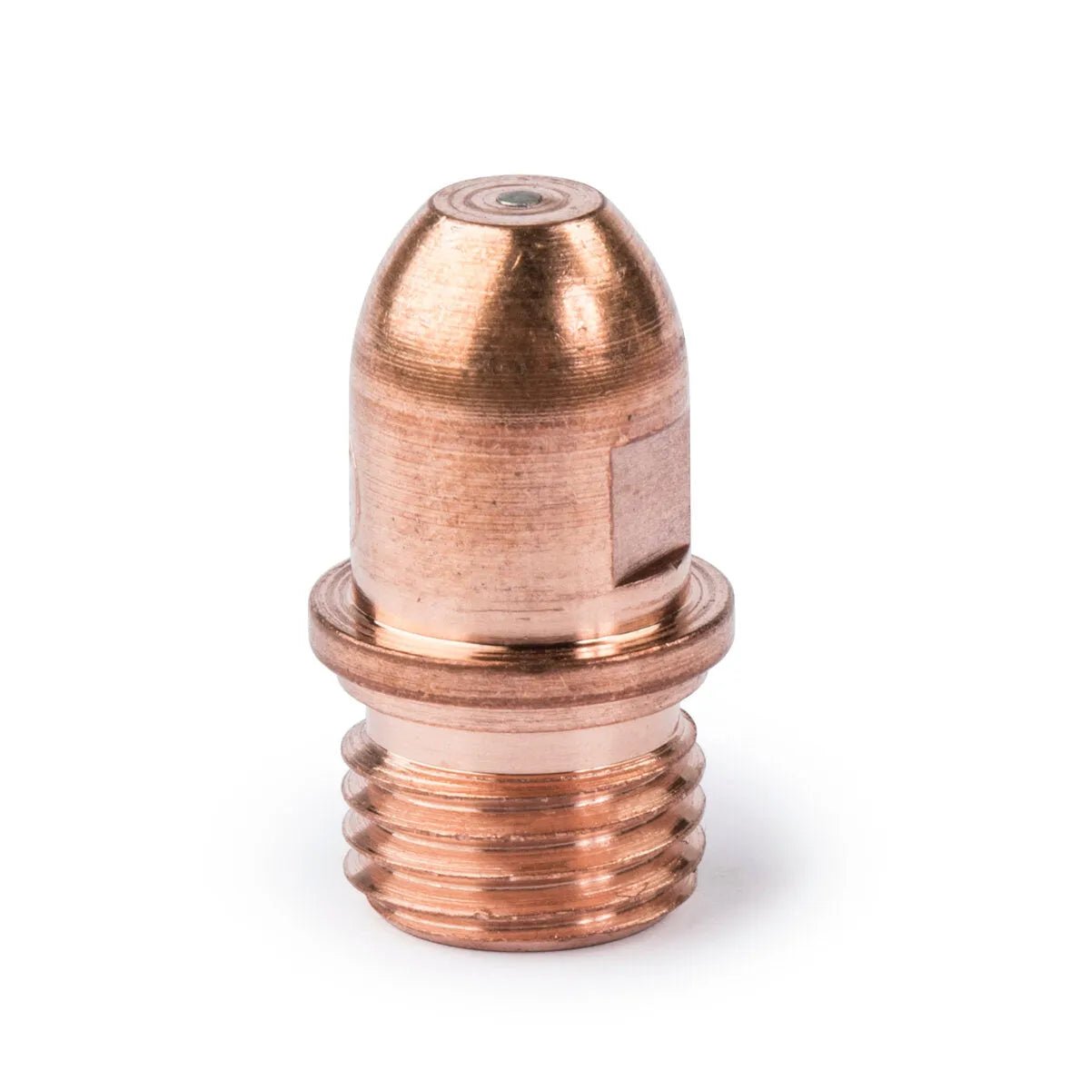 A close-up of the Lincoln PCT-125 Electrode (KP2043-1B1, to be discontinued), showing its copper-colored, rounded top, flat base, and threaded section with a central hole and smooth finish against a white background. Available while supplies last.