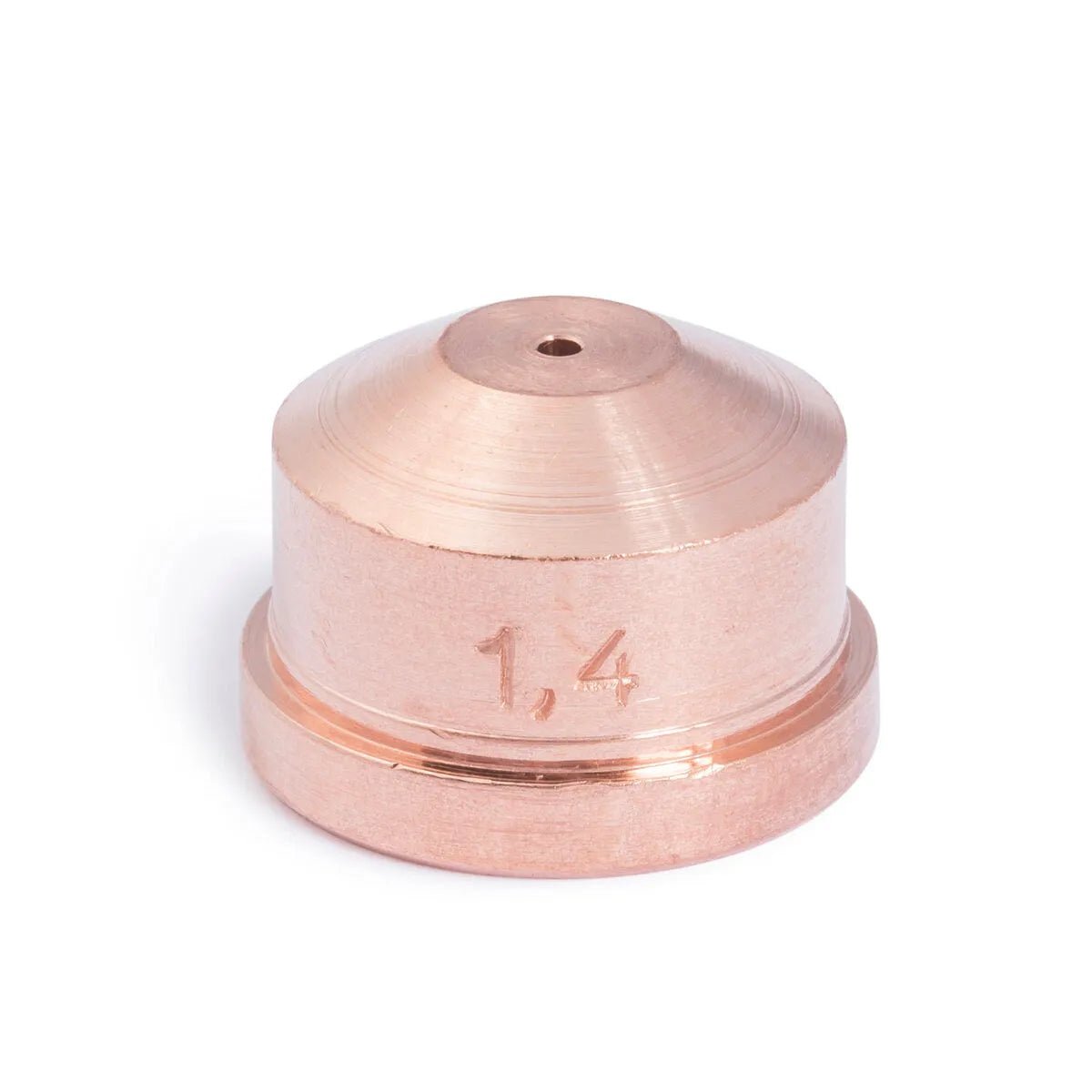 A copper-colored, conical Lincoln PCT-125 Nozzle (.055 in/1.4 mm, KP2042-1B1) features a flat base and small central hole. Precisely machined with 1,4 engraved near the base. Available only while supplies last; to be discontinued.
