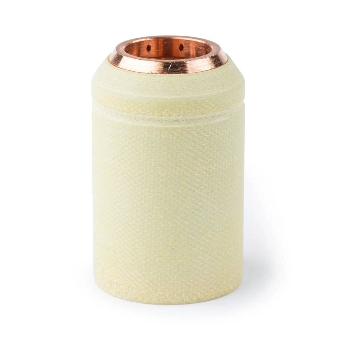 The Lincoln PCT-125 Shield Cup Assembly (KP2045-1) features a pale yellow, textured cylindrical body with a copper-colored ring and subtle horizontal lines. Designed for Lincoln plasma consumables. Available while supplies last.