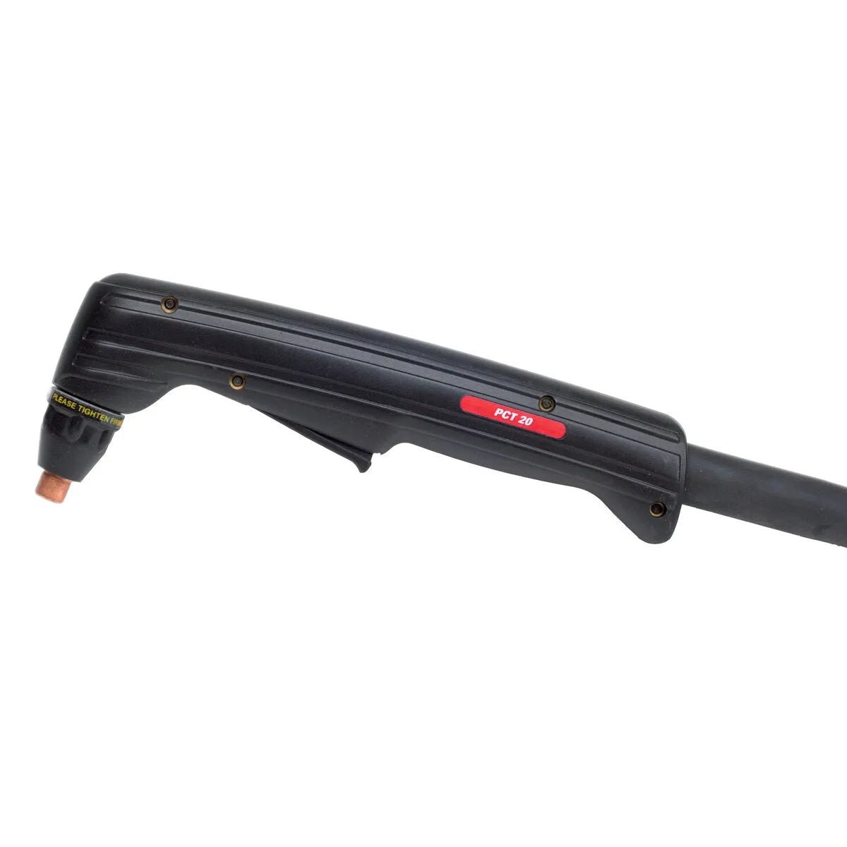 A close-up of the Lincoln PCT 20 Handheld Plasma Replacement Torch (20 ft, K1615-1, while supplies last) shows its black textured grip, copper nozzle, and red label on the handle. Trigger and hose attachment are partly visible.