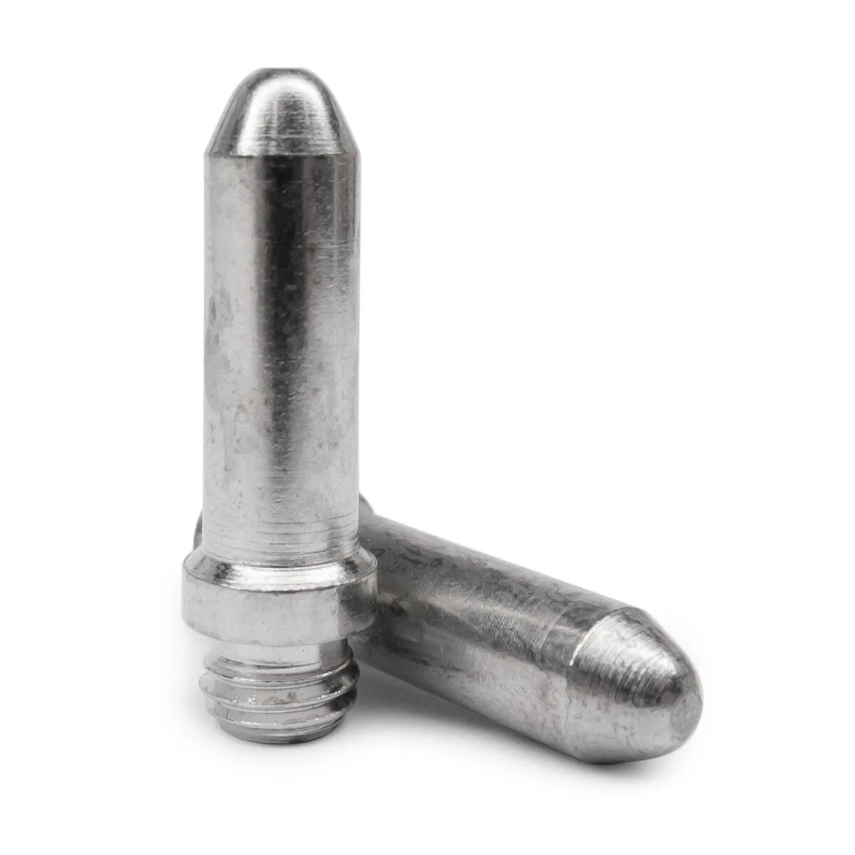 Two shiny Lincoln PCT-60 Electrode KP2012-1B1 metal dowel pins stand out on a plain white background—one threaded and upright, the other leaning. Both have bullet-shaped tips and a reflective, slightly textured surface.