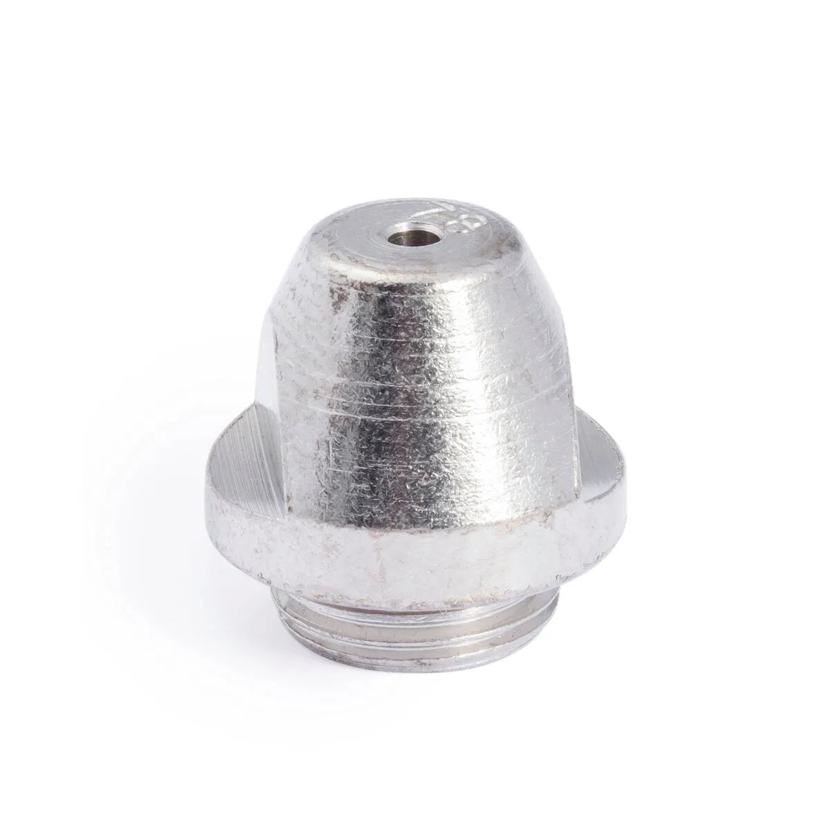 The Lincoln PCT-60 Nozzle KP2008-4B1 is a metallic, cone-shaped nozzle with a threaded base and small central hole, featuring a smooth, shiny surface with visible machining marks. Shown against a plain white background.